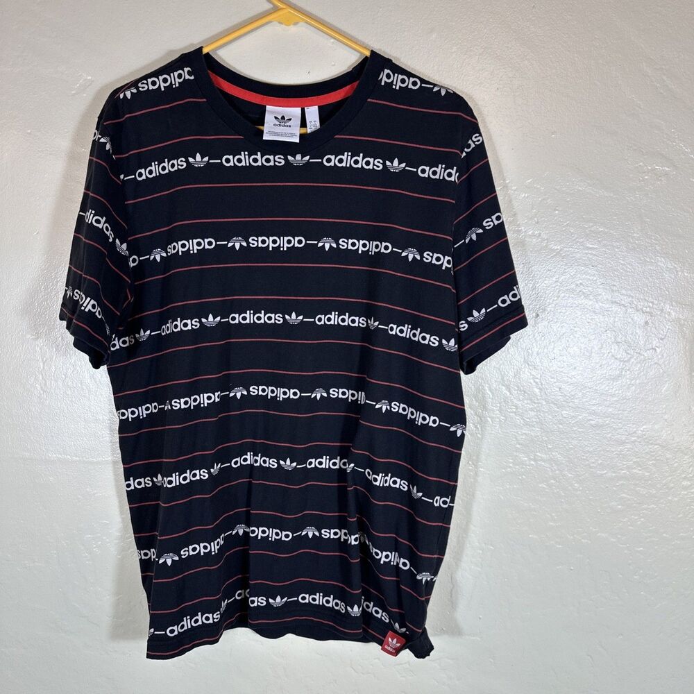 Adidas L Black Stripe All Over Logo Men’s T Shirt Red Horizontal Tee